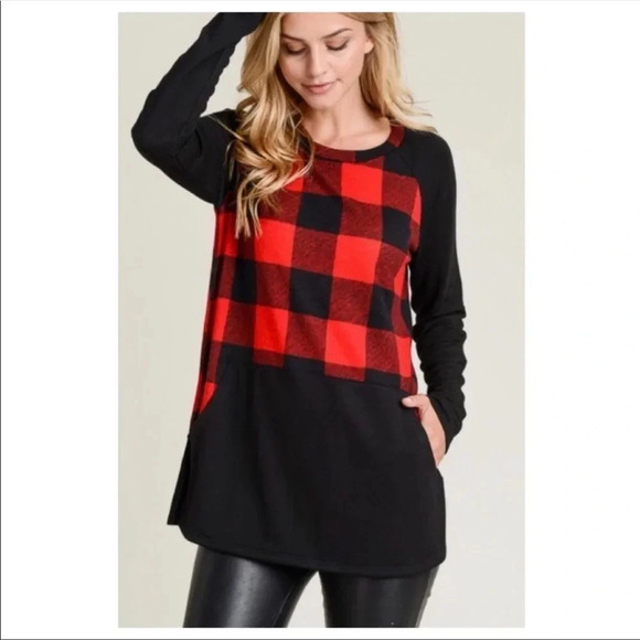 Buffalo Plaid Long Sleeve Top | Red Black Raglan Fall Winter Shirt - Picture 2 of 7